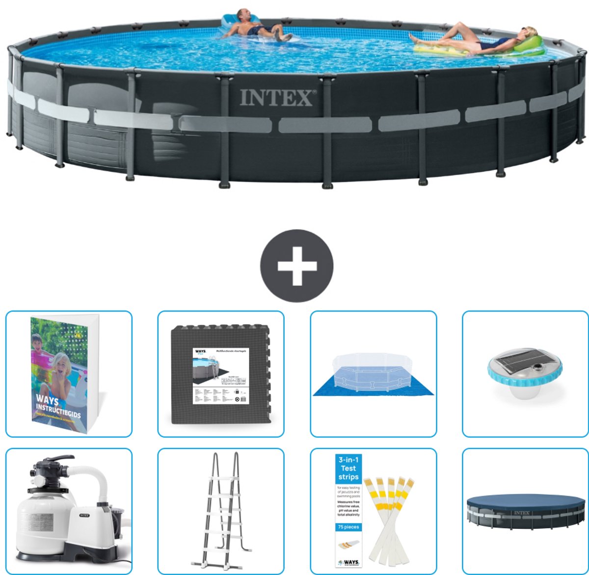 Intex Rond Ultra XTR Frame Zwembad - 732 x 132 cm - Inclusief Pomp - Ladder - Grondzeil - Afdekzeil - Vloertegels - Verlichting - 9-delig