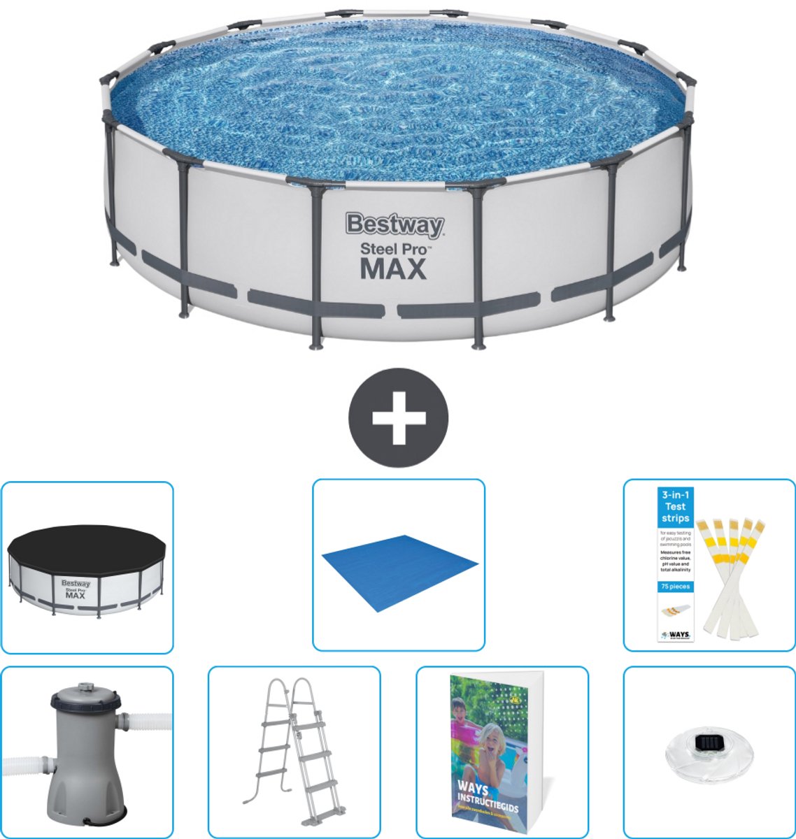 Bestway Rond Steel Pro MAX Zwembad - 427 x 107 cm - Grijs - Inclusief Pomp - Ladder - Afdekzeil - Grondzeil - Verlichting - 8-delig