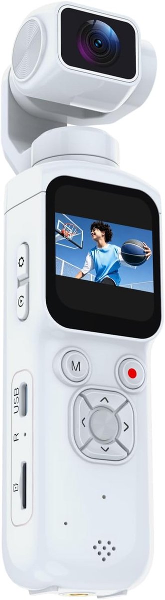 Zak 4K actiecamera 75MP | 1-as 330° lens, gezichtsvolging, snelle AF, 1,72" touchscreen, wifi naar telefoon. Draagbare vlogcamera, 2400mAh accu, compact voor reizen & buiten, wit