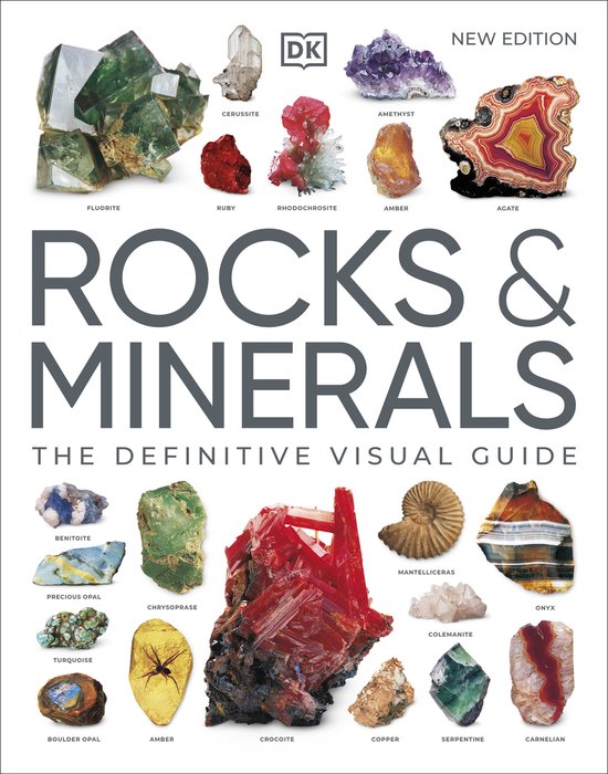 Boek 'Rotsen & Mineralen: De Ultieme Visuele Gids' met afbeeldingen van diverse mineralen zoals fluoriet, robijn, amethist en agaat.