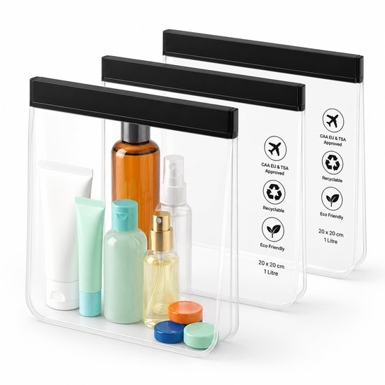 Drie transparante toilettasjes met zwarte ritssluiting, gevuld met cosmetica en dopjes.