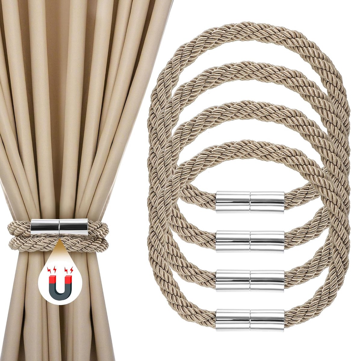 JIZZU 4 stuks magnetische gordijnbinders met sterke magneet, moderne decoratieve geweven touwgordijnhouders voor thuis - ShopVlot