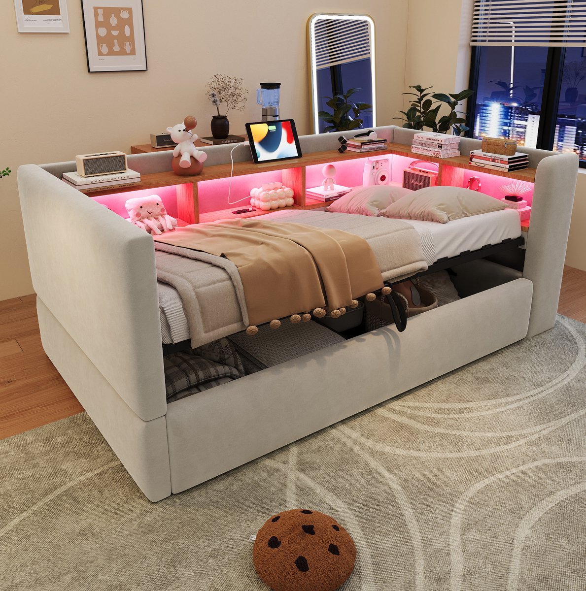 FloraGrace Slaapbank 90 x 190 cm - Hydraulisch Bed Met Ledverlichting En Stopcontacten - Opbergruimte - Lichtgrijs - Zonder Matras