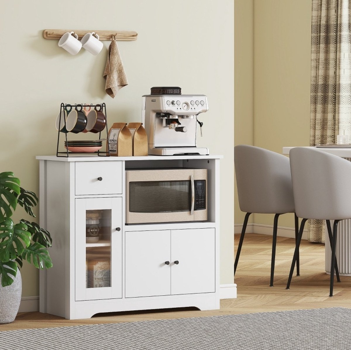 MIVRAY Keukenkast - Mikrogolfkast Met 3 Deuren En Lade - Verstelbare Planken En Kabelgat - Voor Keuken En Woonkamer - Wit - 80x35x72,2 Cm
