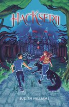 Boekomslag met twee kinderen en een zwarte kat die naar een digitaal kasteel rennen. De titel 'HACKSERIJ' is boven de kinderen te zien.