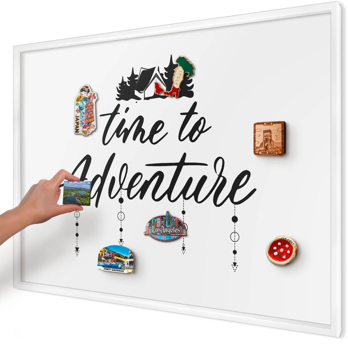 Artprintcave Wit Magneetbord mit Witte Lijst - 100x70 cm - Avontuur Wacht. Memobord Keuken - Minimalist Notitiebord - Teksten