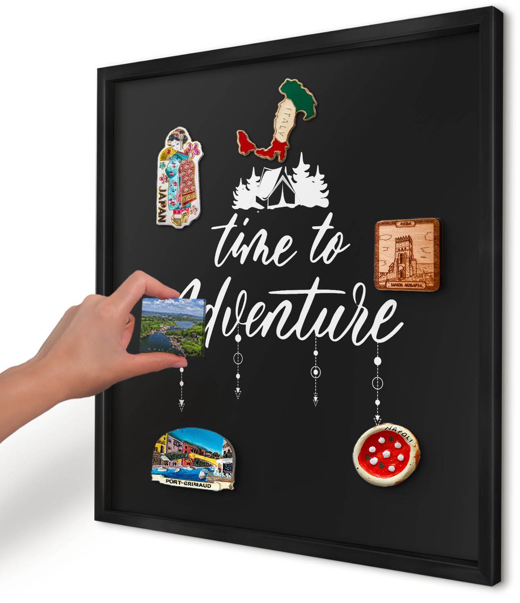 Artprintcave Zwart Magneetbord mit Zwart Frame - 50x50 cm - Avontuur Wacht. Magnetisch Bord - Modern Memobord Keuken - Teksten