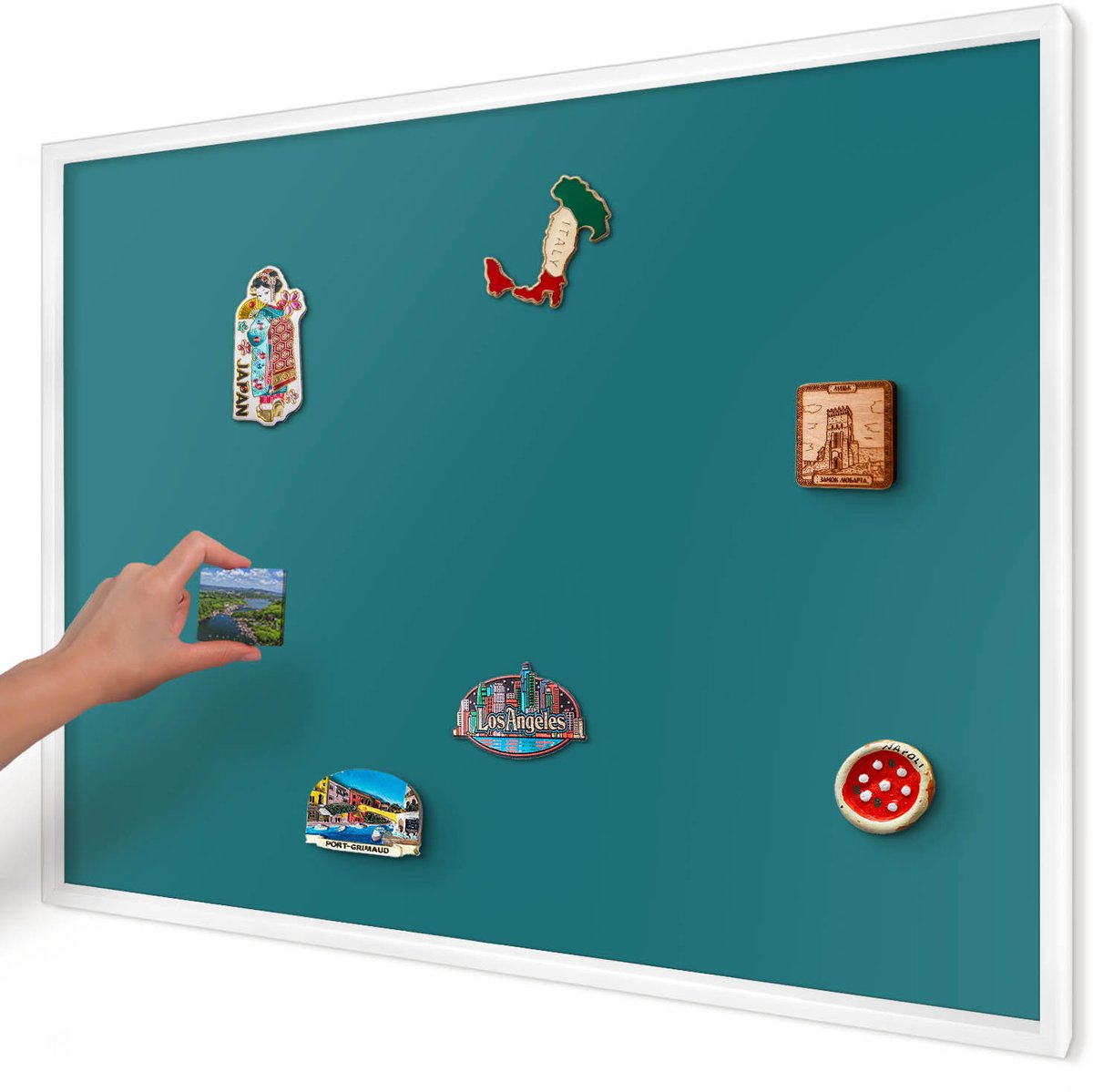 Artprintcave Turkoois Magneetbord mit Witte Lijst - 100x70 cm - Donker Turkoois Magneet Bord mit Frame - Minimalist Magnetische Organizer - Achtergronden En Patronen