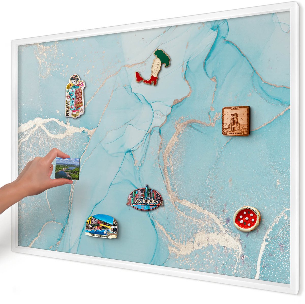 Artprintcave Turkoois Magneetbord mit Witte Lijst - 100x70 cm - Turquoise Elegantie Magnetisch Bord Voor Magneten - Abstract Memobord Keuken - Abstractie