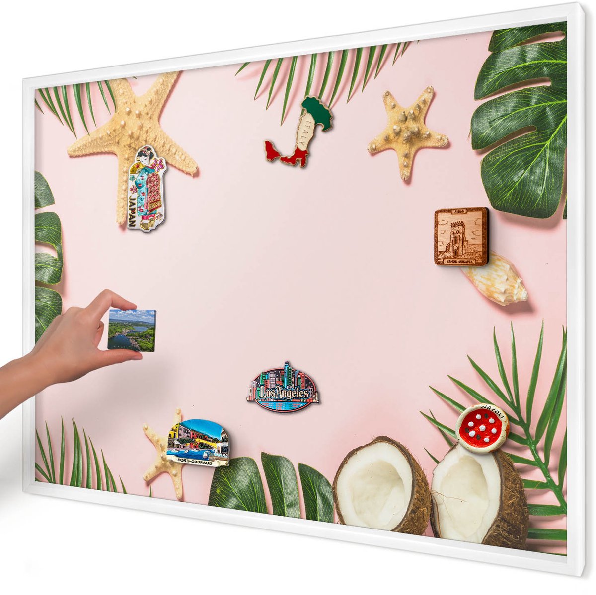 Artprintcave Roze Magneetbord mit Witte Lijst - 100x70 cm - Tropische Vakantie Wandbord Magnetisch - Illustratief Magnetisch Bord - Natuur