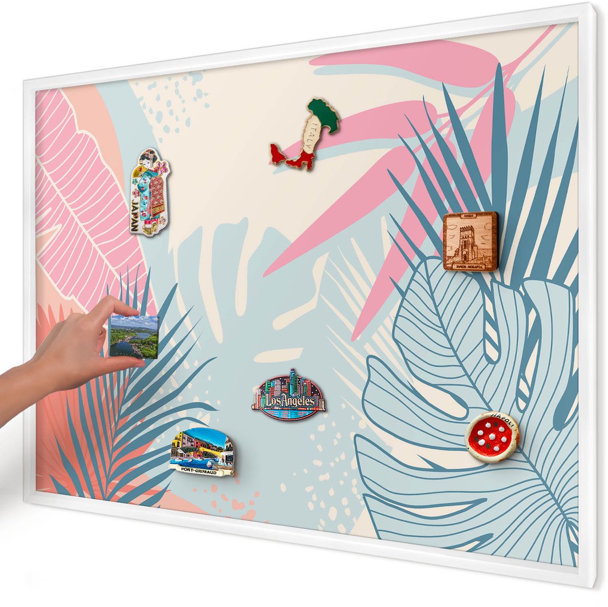 Artprintcave Romig Magneetbord mit Witte Lijst - 100x70 cm - Tropische Abstractie Wandbord Magnetisch - Abstract Notitiebord - Bloemen En Planten