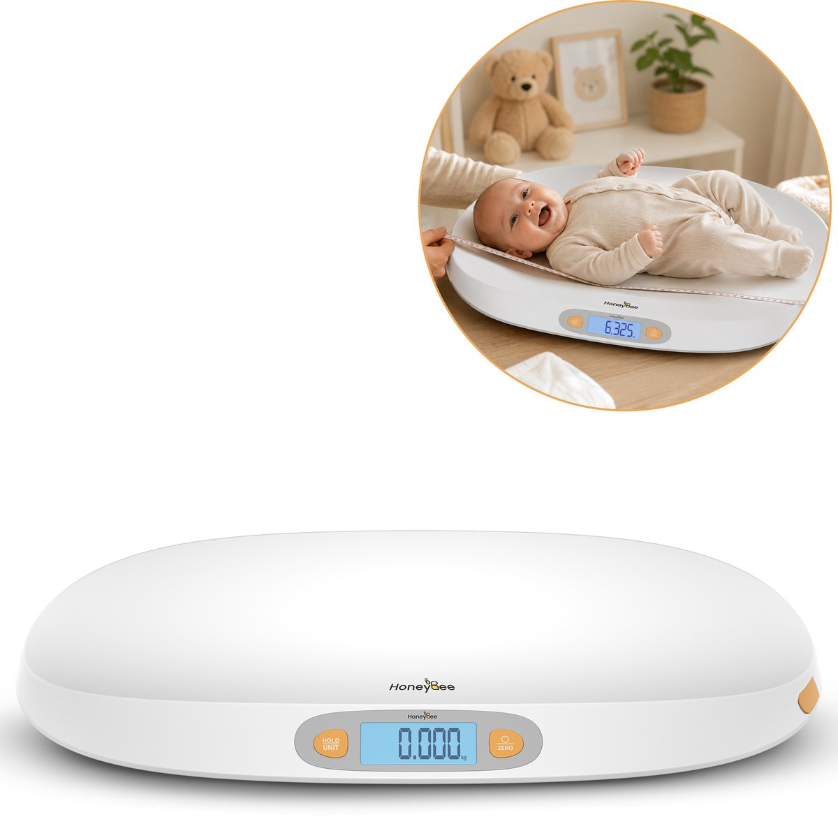 Honey Bee Babyweegschaal - Incl Groeigrafiek Boekje & Ingebouwde Meetlint - Tot 25kg - Weegschaal Baby - Dieren Weegschaal - Babyshower - Wit