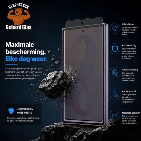 Gehard glas screenprotector, beschermt tegen krassen en vallen. Met oleofobe coating en perfecte pasvorm.