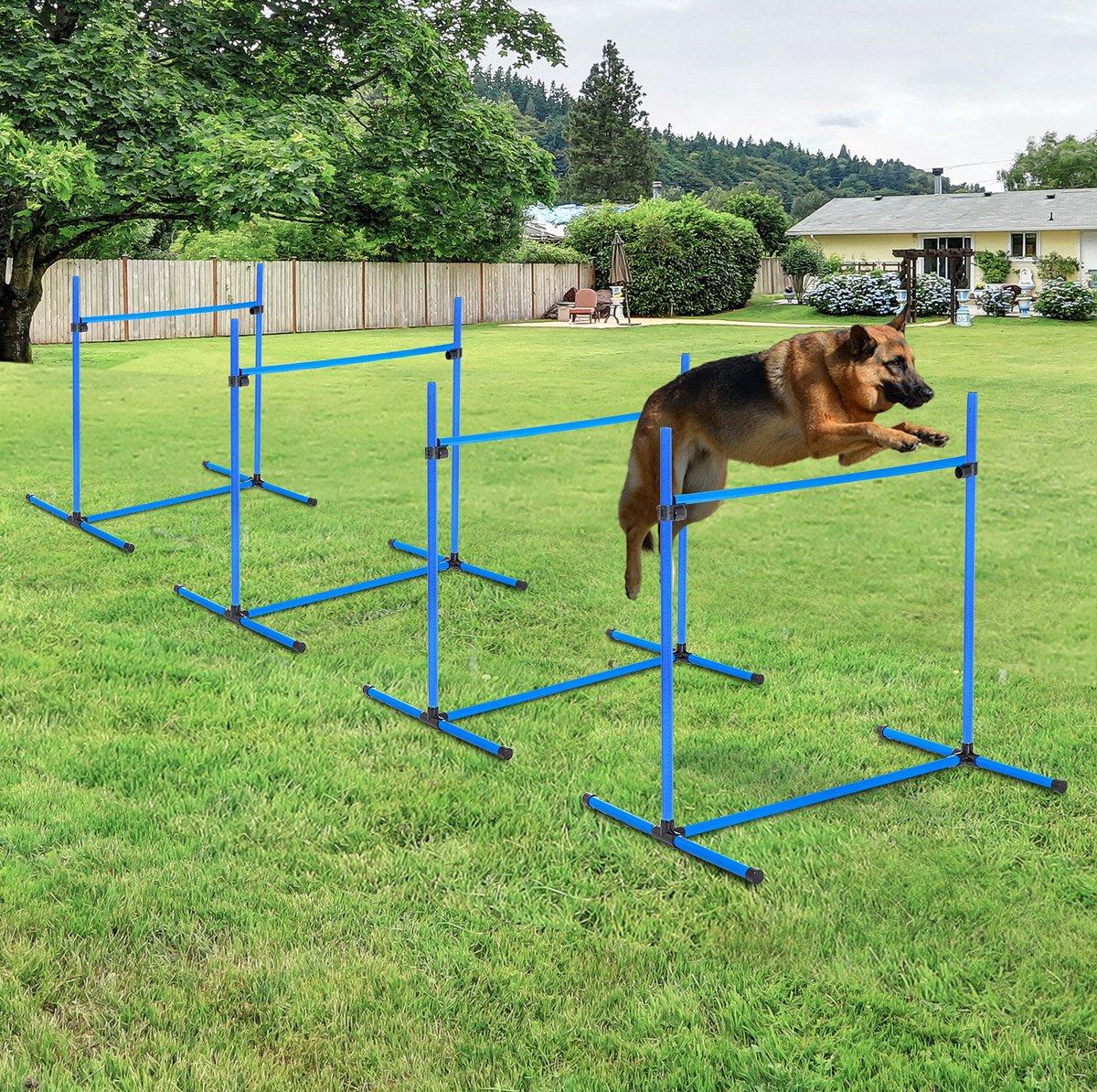 REDOM - Agility-set voor honden - 4-delig met horden en slalomstangen - Hoogte verstelbaar - Kunststof - Blauw - 99 x 65 x 94 cm