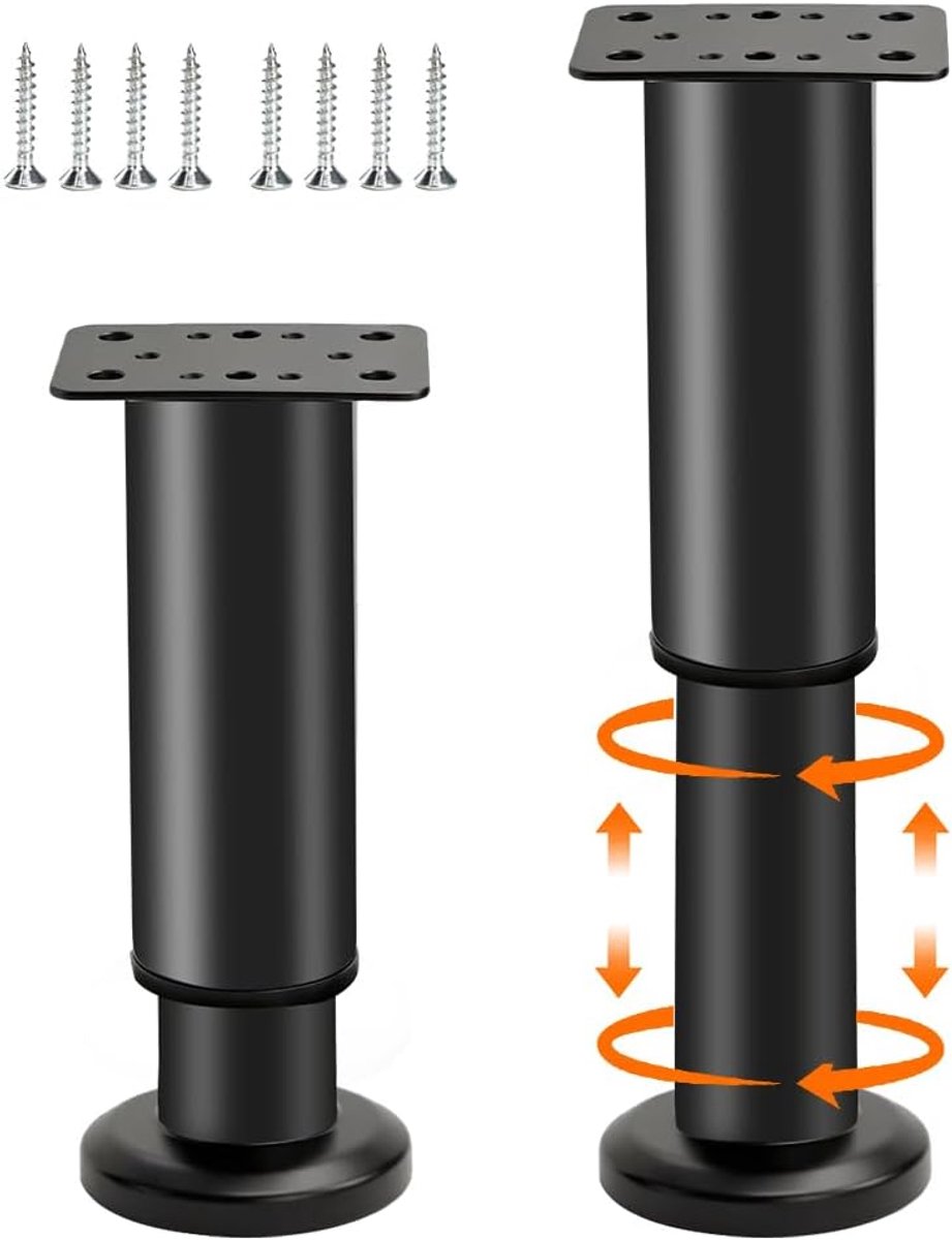 SnelShoppen - Hoogwaardige verstelbare meubelpoten, 2 stuks, hoogte verstelbaar van 12-18 cm, stevige metalen meubelpoten in zwart, geschikt voor bank