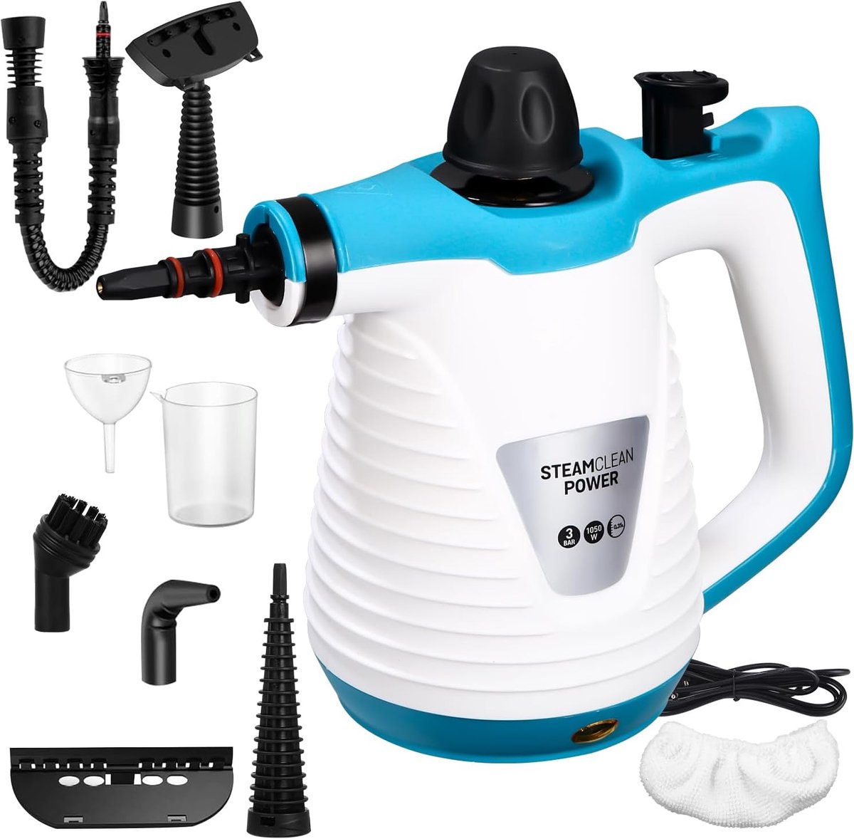 SnelShoppen - Stoomreiniger met 10 Accessoires, 1050 W Handstoomreiniger, 3.0 Bar Stoomdruk, 500 ml, 3 Minuten Opwarmtijd, Voor Auto, Badkamer, Ramen,