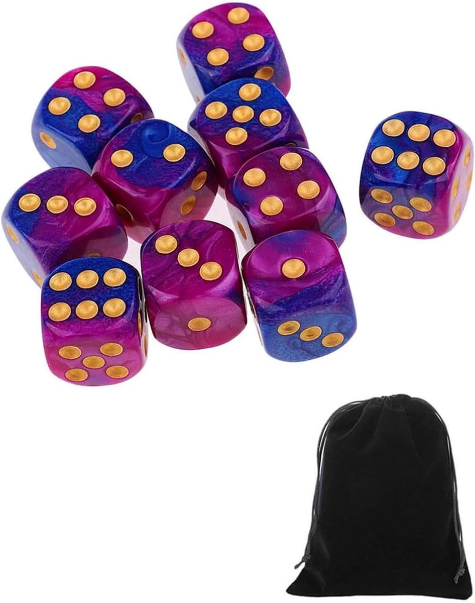 SnelShoppen - 10 stuks D6 Dobbelstenen 16mm Acryl Dobbelstenen Set met Fluwelen Zak voor Bordspellen en Role Playing Games (Blauw-Paars)