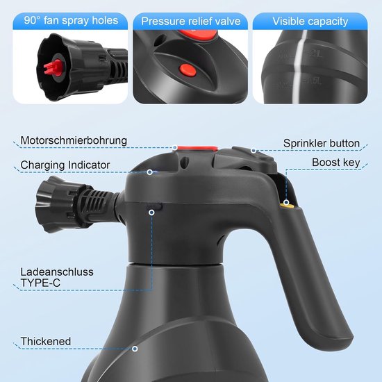 SnelShoppen - Elektrische Schuimsproeier 2 L, 60 PSI, 3 Spray Modus, Accu 2500 mAh, Perfect voor Auto en Tuin Onderhoud — afbeelding 4