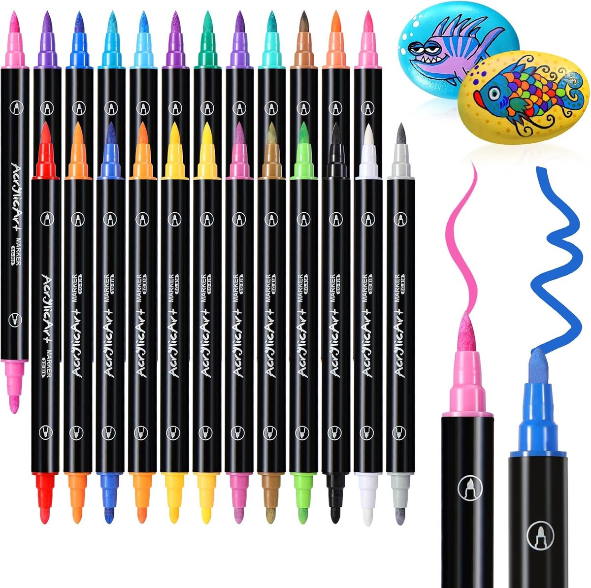 SnelShoppen - 24 Kleuren Acrylviltstiften voor Volwassenen, Dubbele Fijne Punt, Aquarelviltstiften voor Tekenen, Schilderen, Kalligrafie, Textiel, Hou