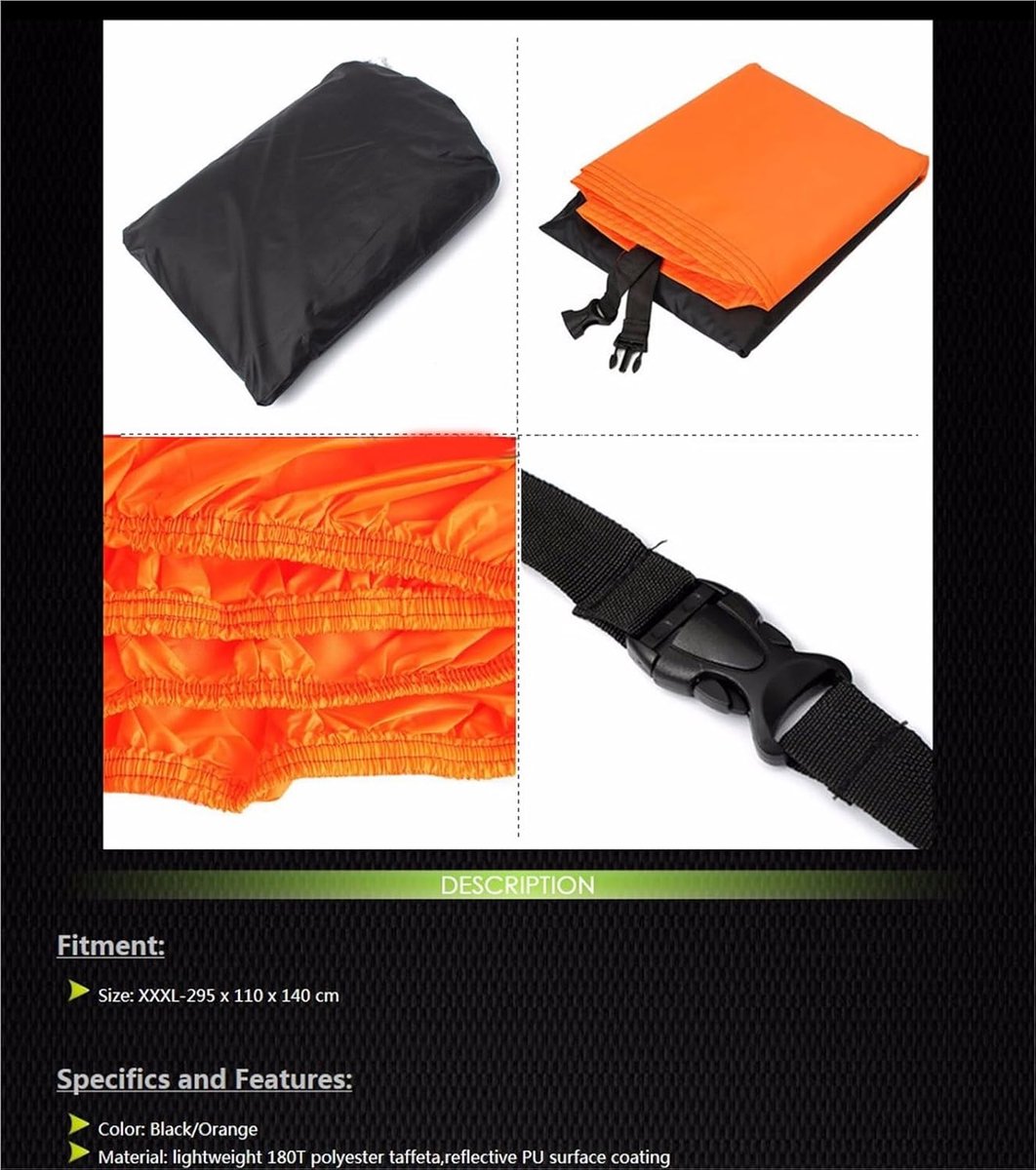 Waterdichte Motorhoes - Motorfiets Cover Beschermhoes - Motor Beschermen - Verstelbare Gespriemen - XXXL-295 x 110 x 140 cm - Zwart/Oranje – foto 4