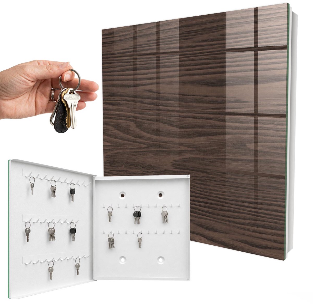 WallMuralia - Sleutelkast - 30x30x5 cm - met 50 haken - Houten Constructie Sleutelkastje Hal - Bruin Sleutelbox - Linksopenend - Wit interieur