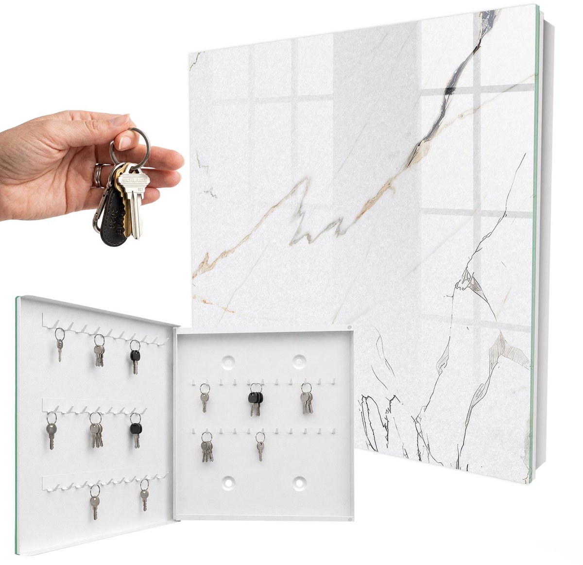 WallMuralia - Sleutelkast - 30x30x5 cm - met 50 haken - Elegant Marmer Sleutelkastje Landelijk - Wit Sleutelbox - Linksopenend - Wit interieur
