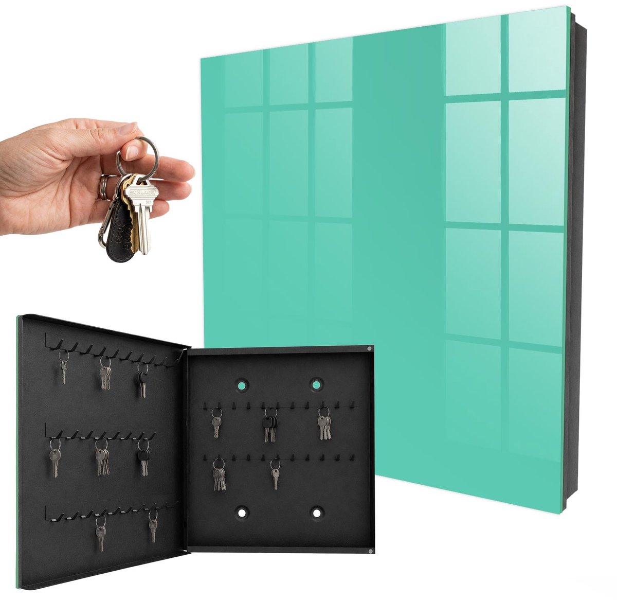 WallMuralia - Sleutelkast - 30x30x5 cm - met 50 haken - Sterke Munt Groot Sleutelkastje - Turkoois Sleutelbox - Linksopenend - Zwart interieur