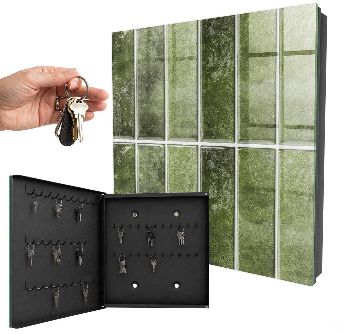 WallMuralia - Sleutelkast - 30x30x5 cm - met 50 haken - Groene Tegels Sleutelkastje Industrieel - Groente Sleutelbox - Linksopenend - Zwart interieur