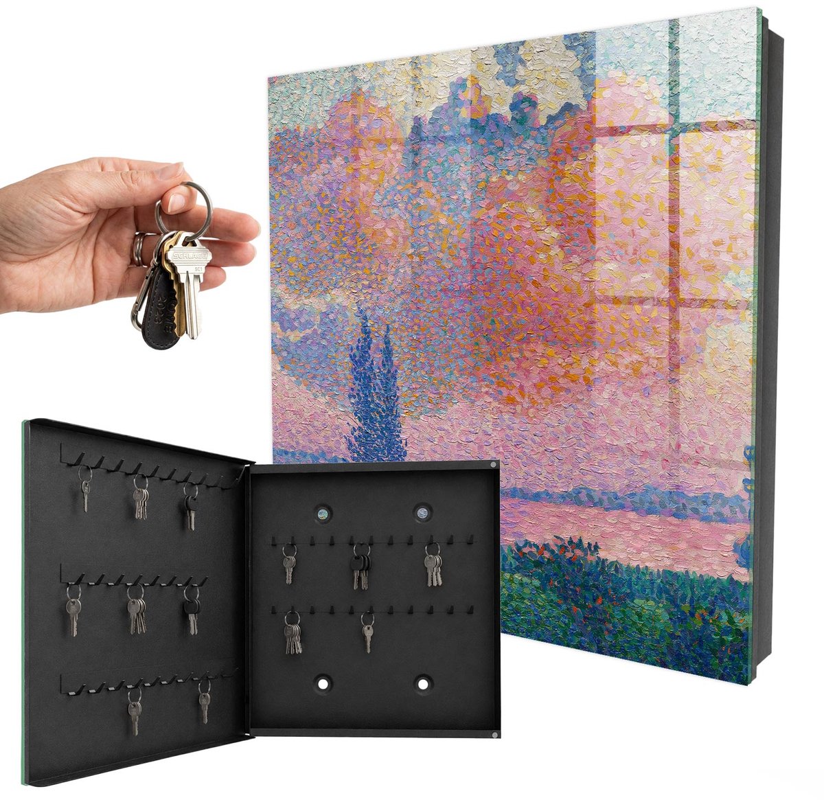WallMuralia - Sleutelkast - 30x30x5 cm - met 50 haken - Kleurrijke Natuur Sleutelkastje Modern - Roze Sleutelbox - Linksopenend - Zwart interieur