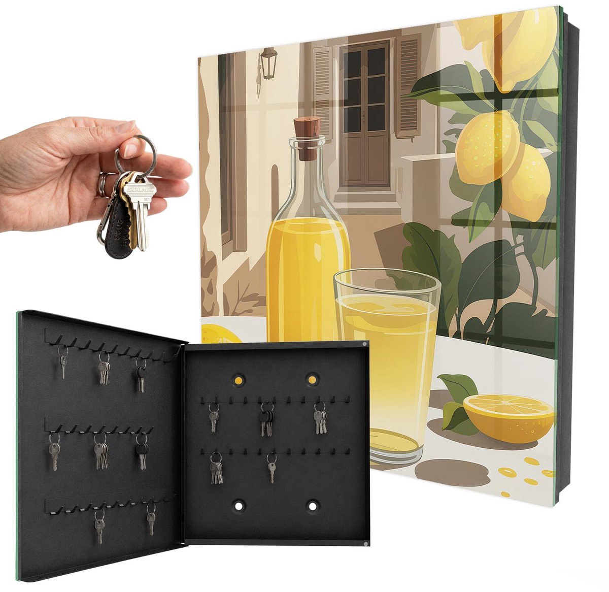 WallMuralia - Sleutelkast - 30x30x5 cm - met 50 haken - Citroenfeest Sleutelkastje Klein - Geel Sleutelbox - Linksopenend - Zwart interieur