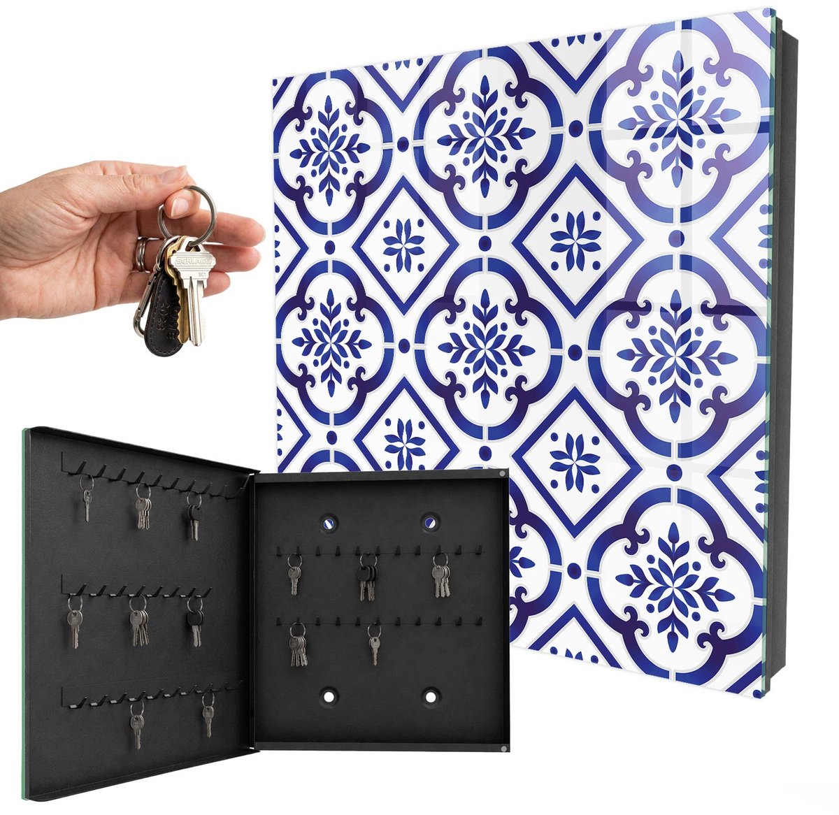 WallMuralia - Sleutelkast - 30x30x5 cm - met 50 haken - Elegante Patronen Sleutelkastje Landelijk - Blauw Sleutelbox - Linksopenend - Zwart interieur