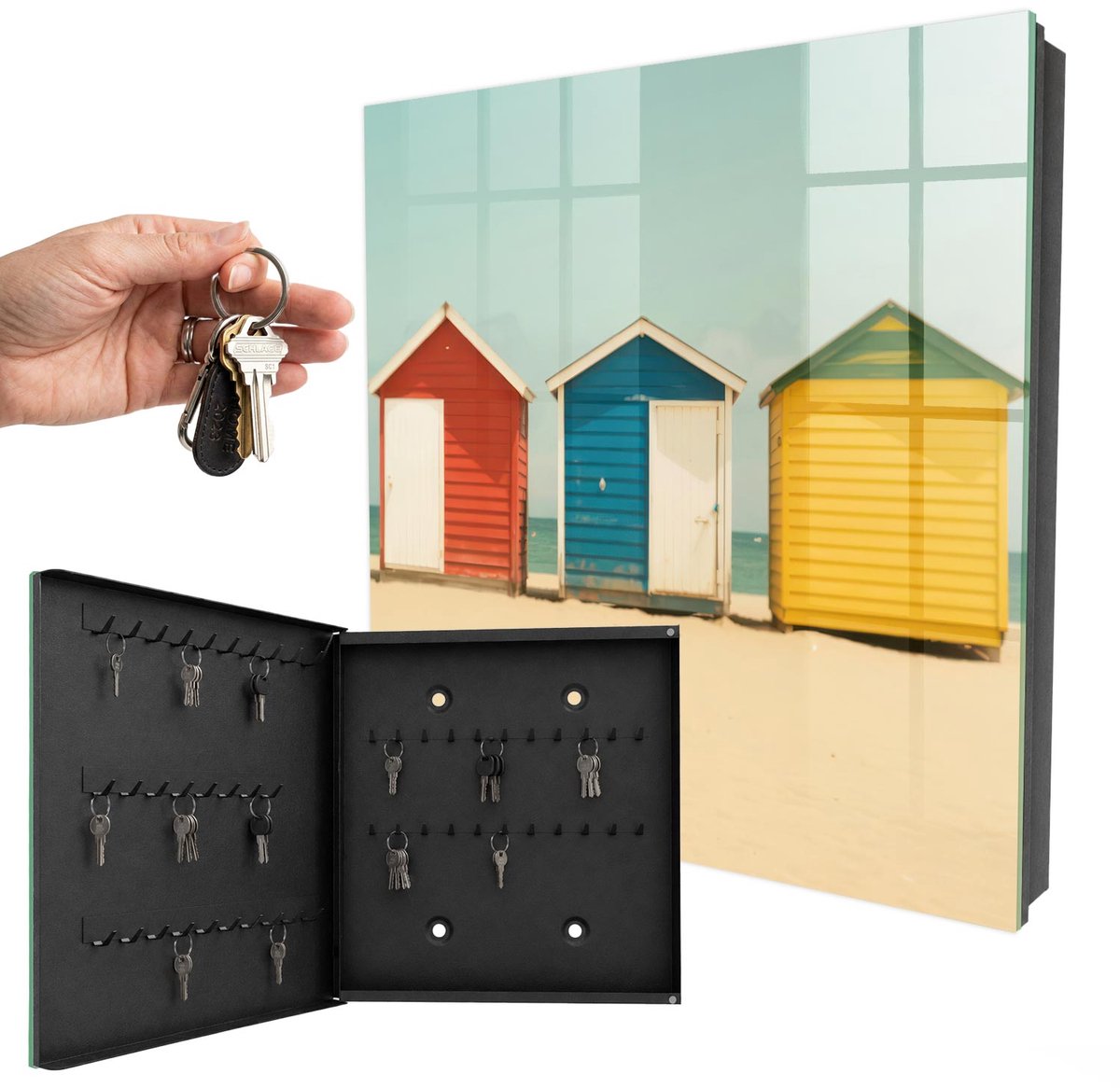 WallMuralia - Sleutelkast - 30x30x5 cm - met 50 haken - Kleurrijke Huizen Design Sleutelkastje - Geel Sleutelbox - Linksopenend - Zwart interieur
