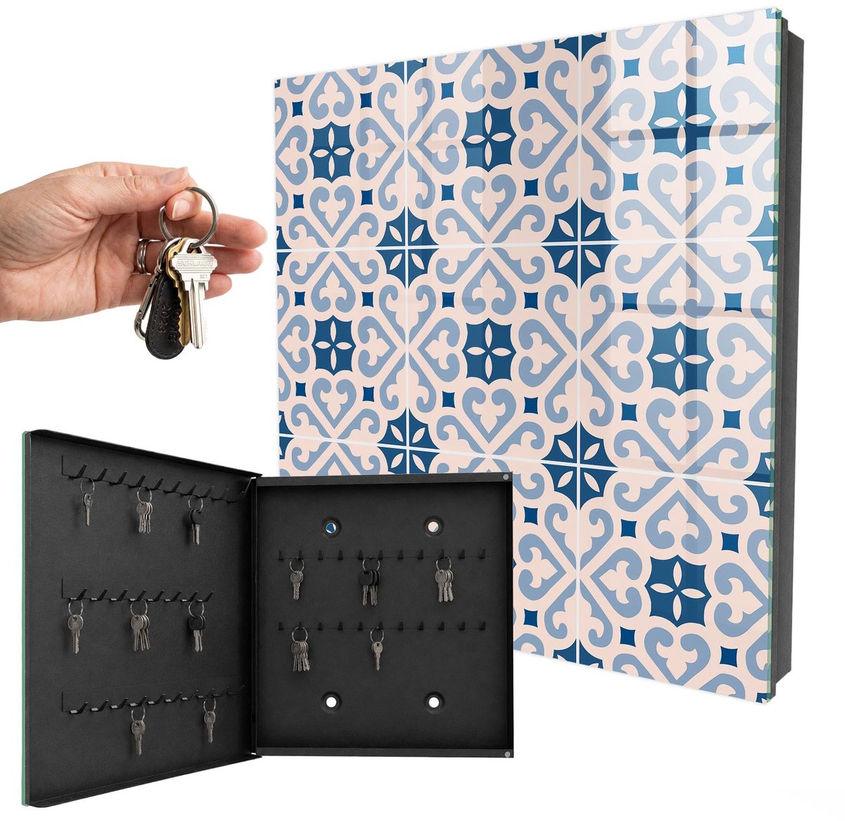 WallMuralia - Sleutelkast - 30x30x5 cm - met 50 haken - Decoratief Patroon Sleutelkastje Industrieel - Blauw Sleutelbox - Linksopenend - Zwart interieur