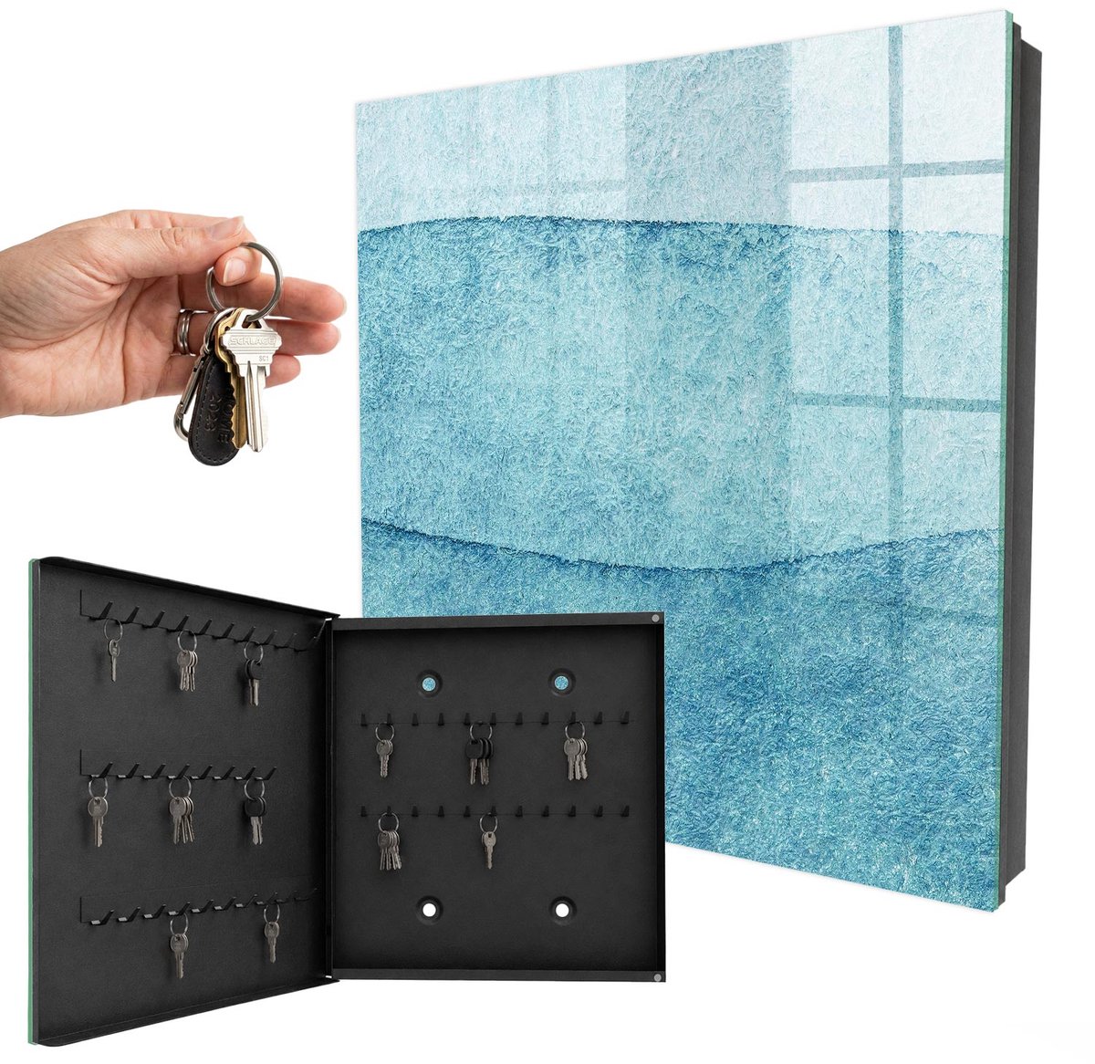 WallMuralia - Sleutelkast - 30x30x5 cm - met 50 haken - Blauwe Texturen Sleutelkastje Klein - Blauw Sleutelbox - Linksopenend - Zwart interieur
