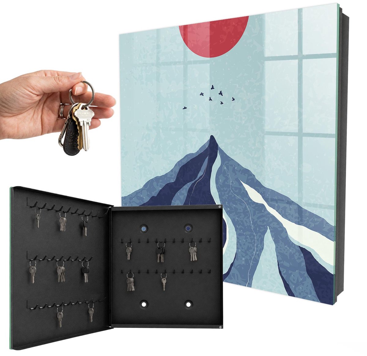 WallMuralia - Sleutelkast - 30x30x5 cm - met 50 haken - Blauwe Bergen Sleutelkastje Klein - Blauw Sleutelbox - Linksopenend - Zwart interieur
