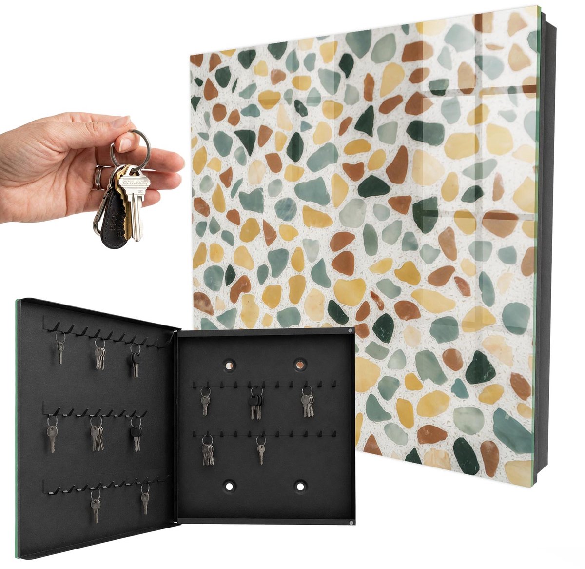 WallMuralia - Sleutelkast - 30x30x5 cm - met 50 haken - Kiezelmozaïek Sleutelkastje Industrieel - Geel Sleutelbox - Linksopenend - Zwart interieur