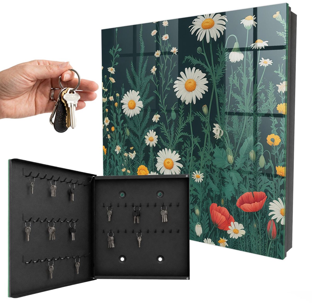 WallMuralia - Sleutelkast - 30x30x5 cm - met 50 haken - Bloemenweide Sleutelkastje Gang - Groente Sleutelbox - Linksopenend - Zwart interieur
