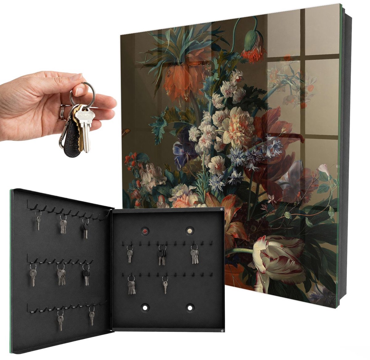 WallMuralia - Sleutelkast - 30x30x5 cm - met 50 haken - Bloemenboeket Sleutelkastje Klein - Groente Sleutelbox - Linksopenend - Zwart interieur