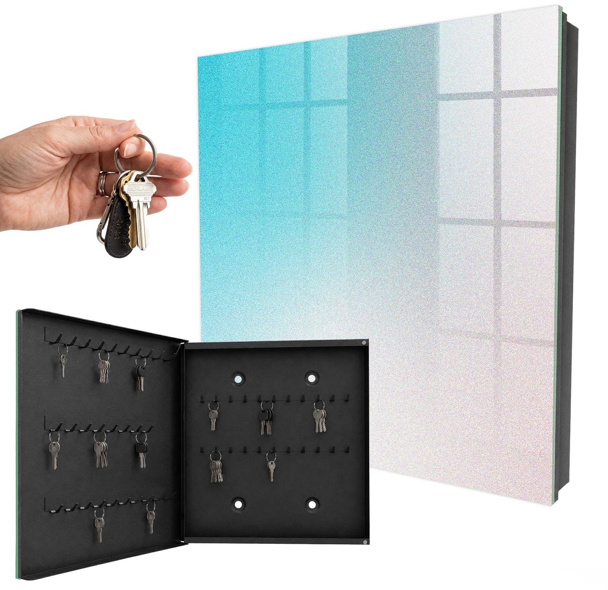 WallMuralia - Sleutelkast - 30x30x5 cm - met 50 haken - Pastelkleurige Overgang Sleutelkastje Binnen - Blauw Sleutelbox - Linksopenend - Zwart interieur