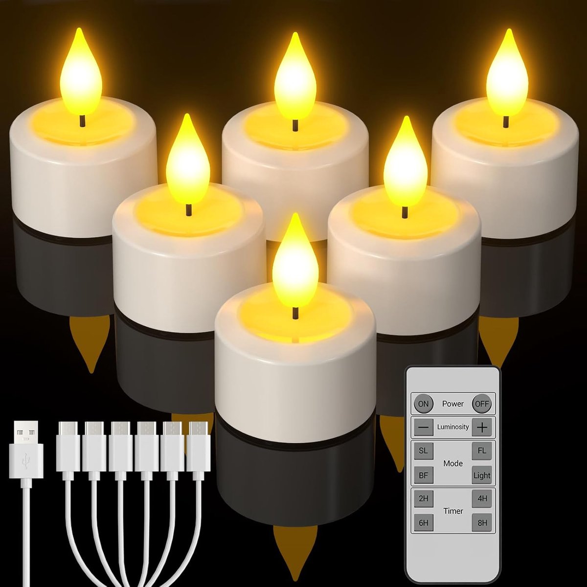 Oplaadbare theelichtjes, 6 stuks batterij LED theelicht vlamloze kaarsen pakket met afstandsbediening - cadeauset voor thuis, kamer, slaapkamer decor, buiten, Halloween, Kerstmis, tafeldecoraties