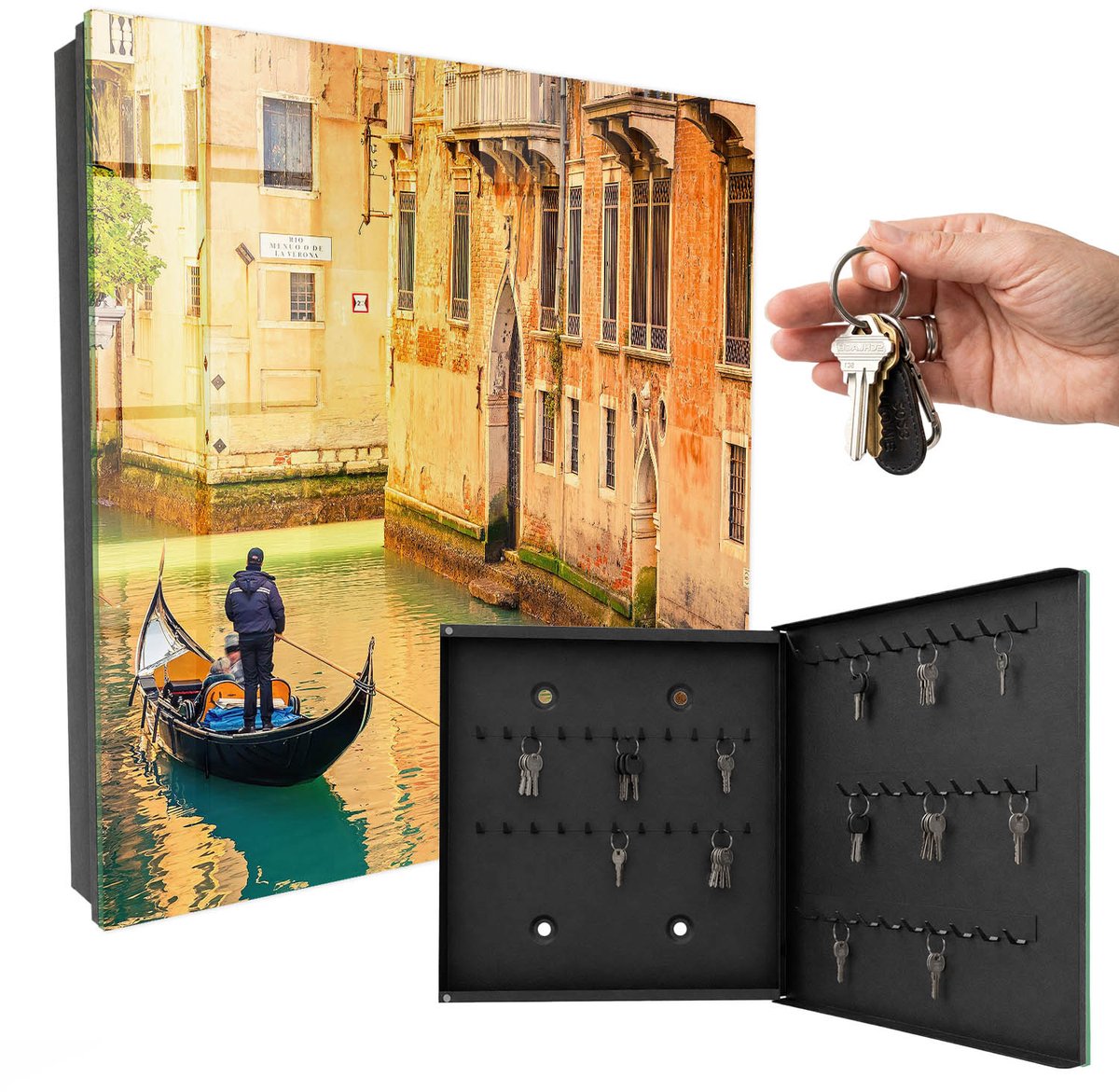 WallMuralia - Sleutelkast - 30x30x5 cm - met 50 haken - Kanaal Van Venetië Sleutelkastje Industrieel - Oranje Sleutelbox - Rechtsopenend - Zwart interieur