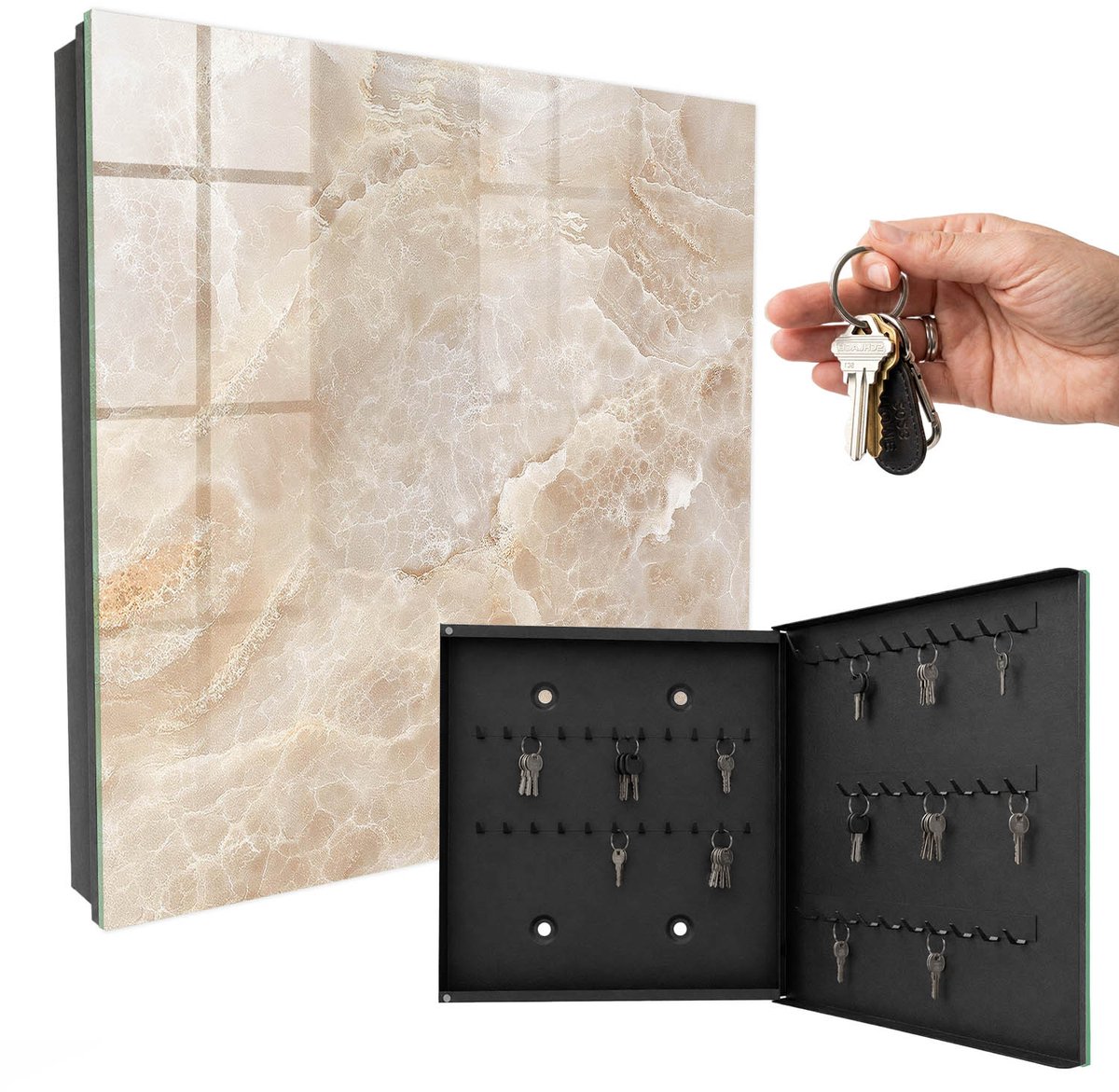 WallMuralia - Sleutelkast - 30x30x5 cm - met 50 haken - Beige Marmer Sleutelkastje Hal - Beige Sleutelbox - Rechtsopenend - Zwart interieur