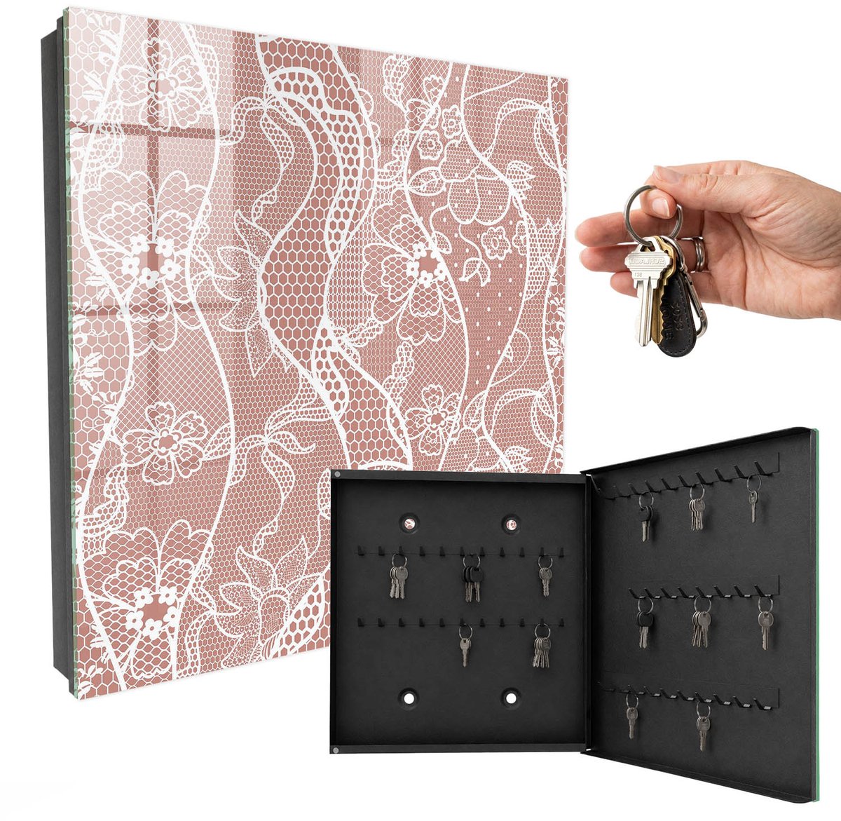 WallMuralia - Sleutelkast - 30x30x5 cm - met 50 haken - Elegant Kant Sleutelkastje - Bruin Sleutelbox - Rechtsopenend - Zwart interieur