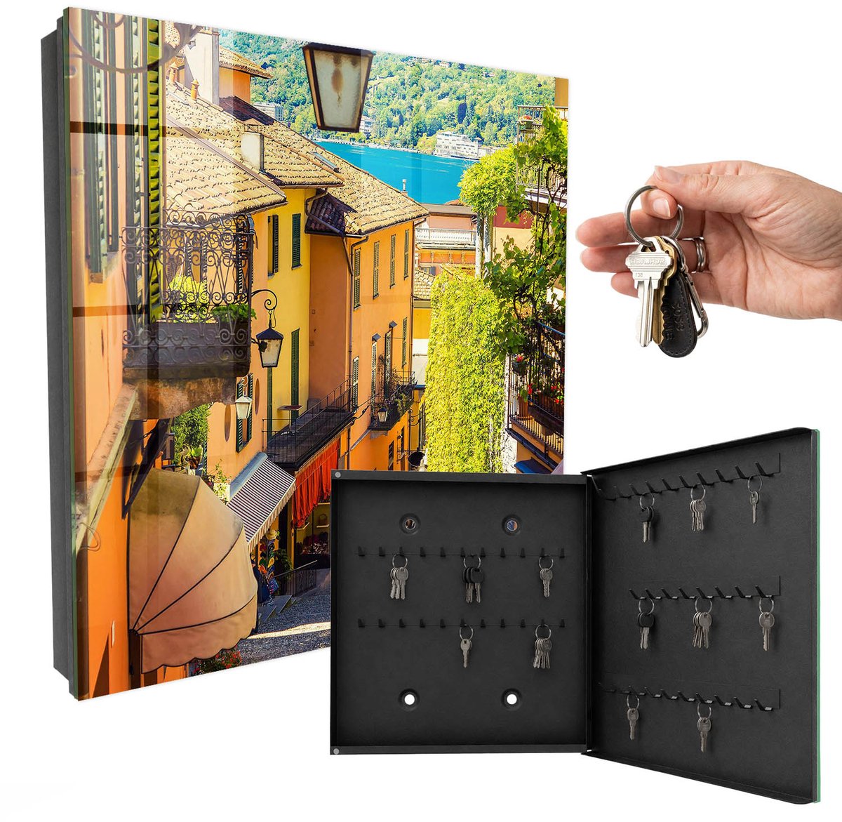WallMuralia - Sleutelkast - 30x30x5 cm - met 50 haken - Een Kleurrijke Stad Sleutelkastje Design - Geel Sleutelbox - Rechtsopenend - Zwart interieur