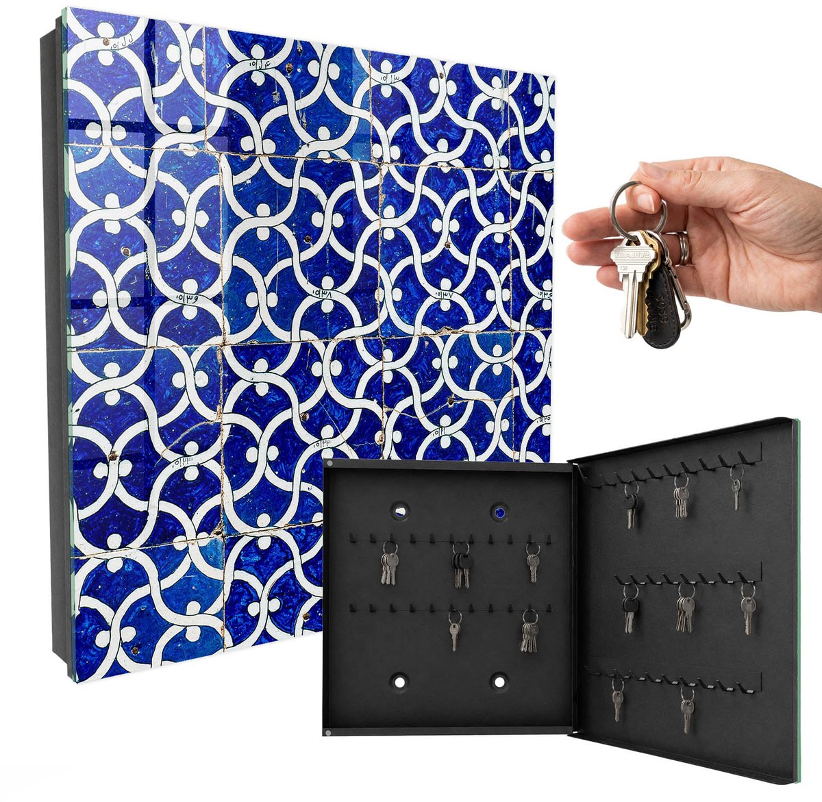 WallMuralia - Sleutelkast - 30x30x5 cm - met 50 haken - Geometrische Tegels Sleutelkastje Modern - Blauw Sleutelbox - Rechtsopenend - Zwart interieur