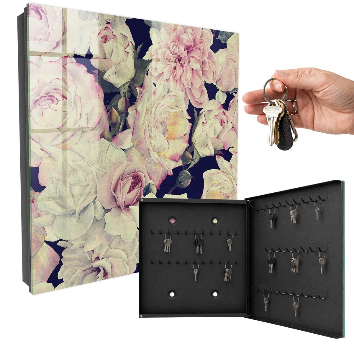 WallMuralia - Sleutelkast - 30x30x5 cm - met 50 haken - Bloemige Elegantie Sleutelkastje Hal - Roze Sleutelbox - Rechtsopenend - Zwart interieur