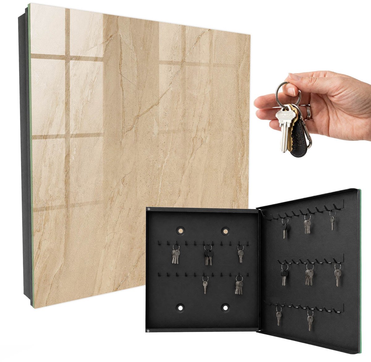 WallMuralia - Sleutelkast - 30x30x5 cm - met 50 haken - Beige Marmer Design Sleutelkastje - Beige Sleutelbox - Rechtsopenend - Zwart interieur
