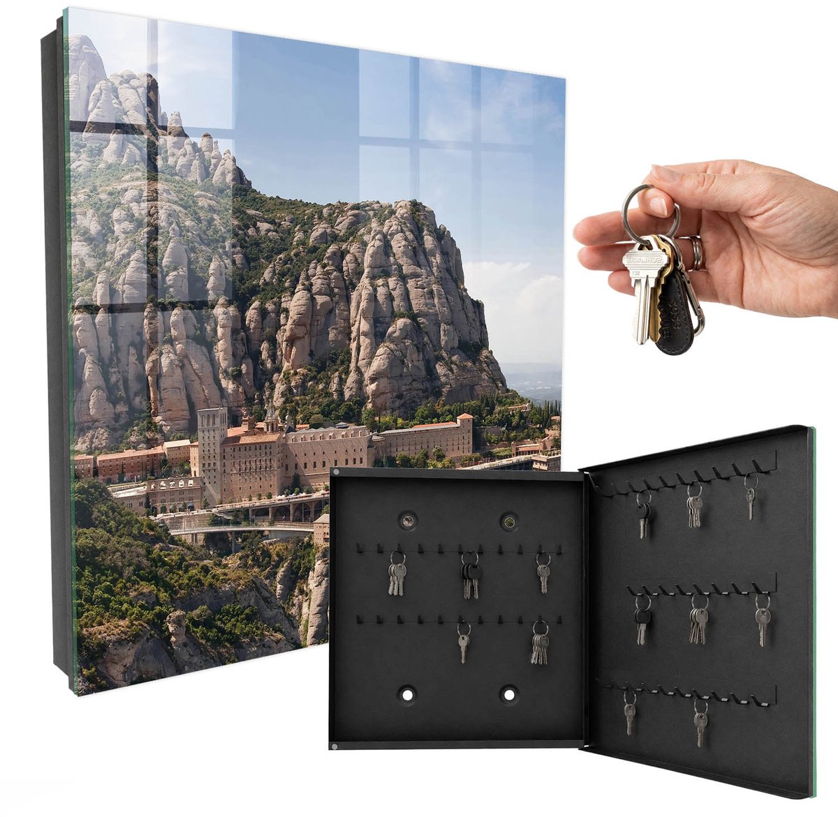 WallMuralia - Sleutelkast - 30x30x5 cm - met 50 haken - Bergarchitectuur Sleutelkastje Huis - Grijs Sleutelbox - Rechtsopenend - Zwart interieur