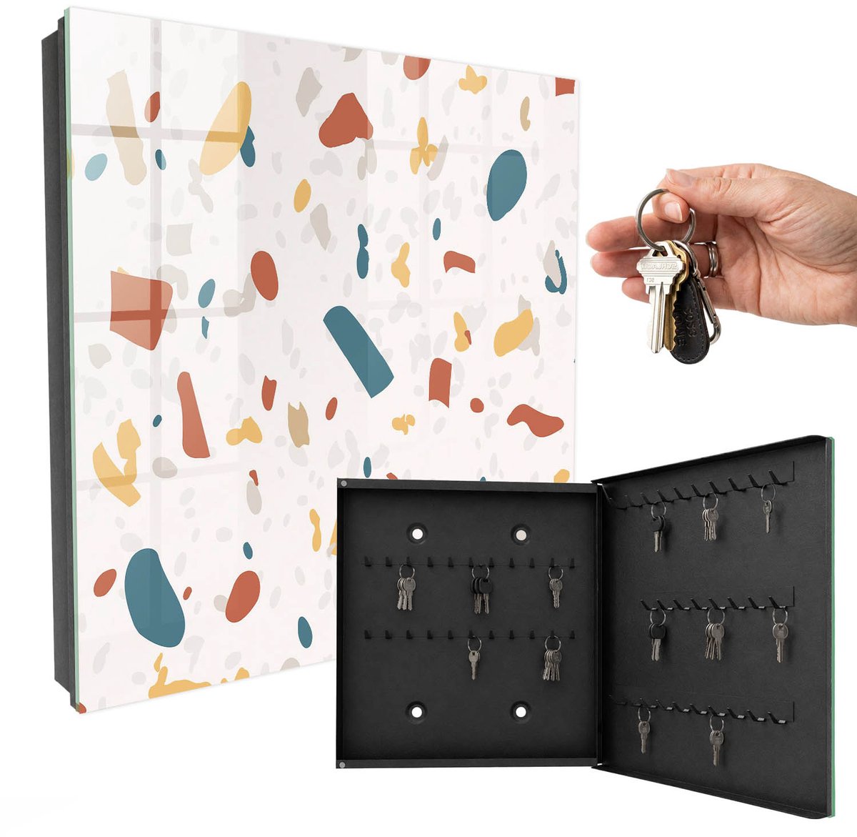 WallMuralia - Sleutelkast - 30x30x5 cm - met 50 haken - Abstracte Compositie Sleutelkastje Voor Binnen - Beige Sleutelbox - Rechtsopenend - Zwart interieur