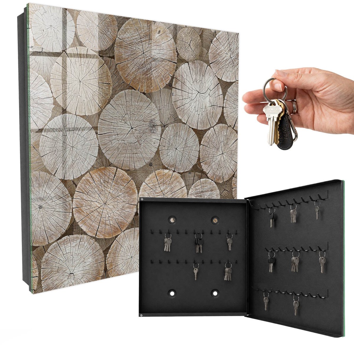 WallMuralia - Sleutelkast - 30x30x5 cm - met 50 haken - Houten Cirkels Sleutelkastje Binnen - Beige Sleutelbox - Rechtsopenend - Zwart interieur